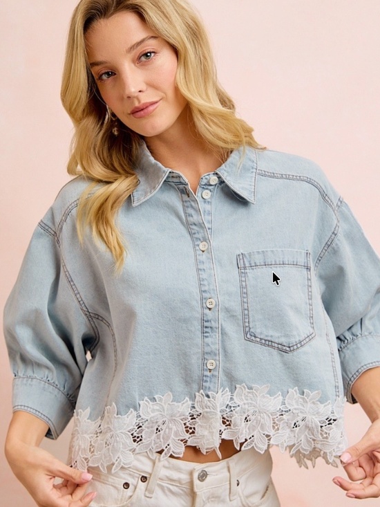 BiBi Tops - Bibi Light Wash Button Down Floral Lace Hem Loose Fit Top